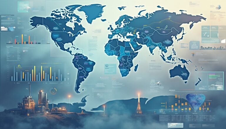 World map with data charts and industrial buildings beneath, set in a foggy environment.