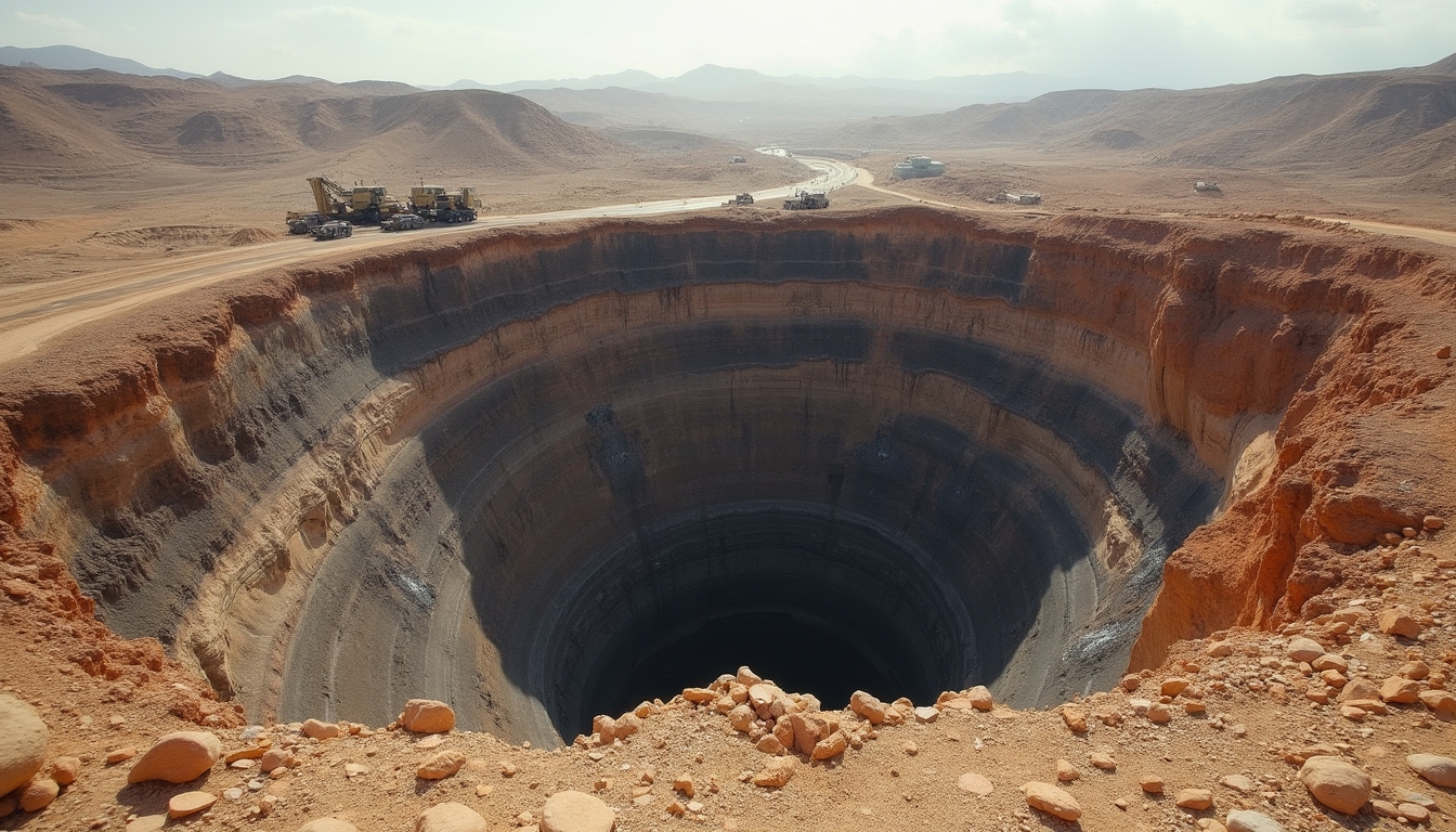 Massive circular pit mine in a desert landscape with vehicles on the rim road.