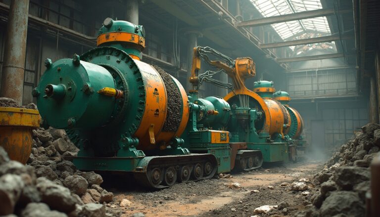 Industrial machinery in a dusty, dimly lit factory with piles of stones scattered on the ground.