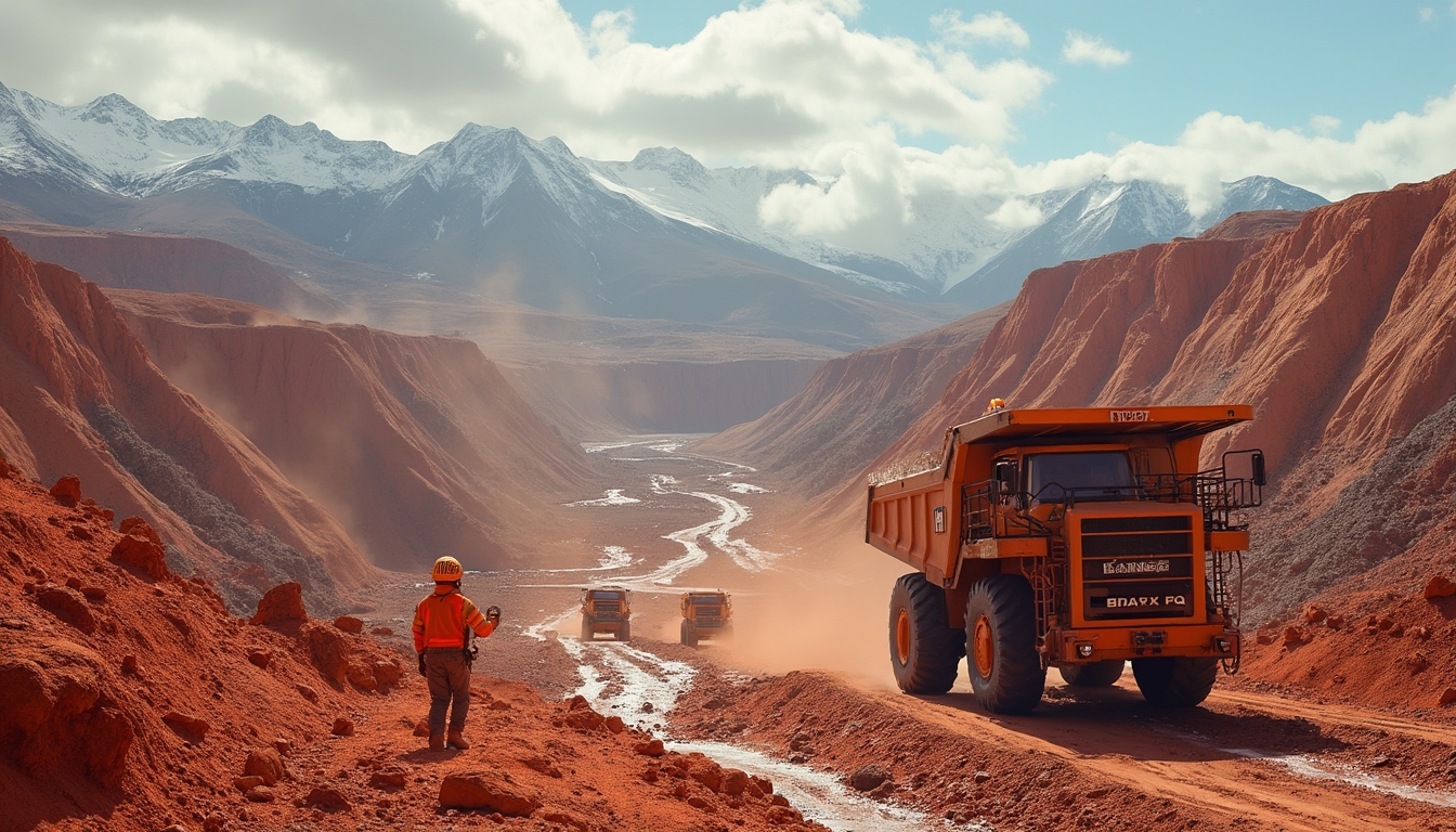 Dump trucks on a dusty red dirt road in a mountainous landscape with snow-capped peaks.