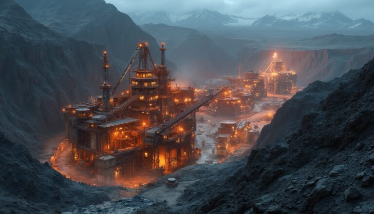 Illuminated industrial complex nestled in a rocky mountain valley under a misty sky.