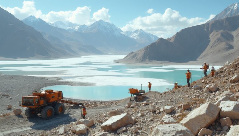 Workers in orange gear near a turquoise lake, snowy mountains in the background.