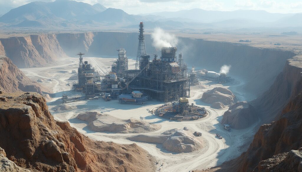 Industrial complex nestled in a vast desert landscape with mountains in the background.