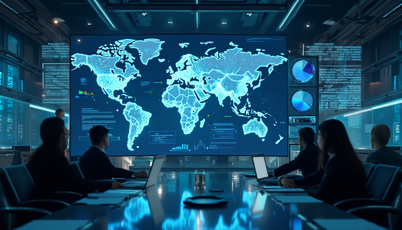 People in a conference room viewing a large digital world map with data on multiple screens.