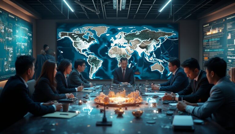 Business meeting in a dimly lit room with a large world map display and global data charts.