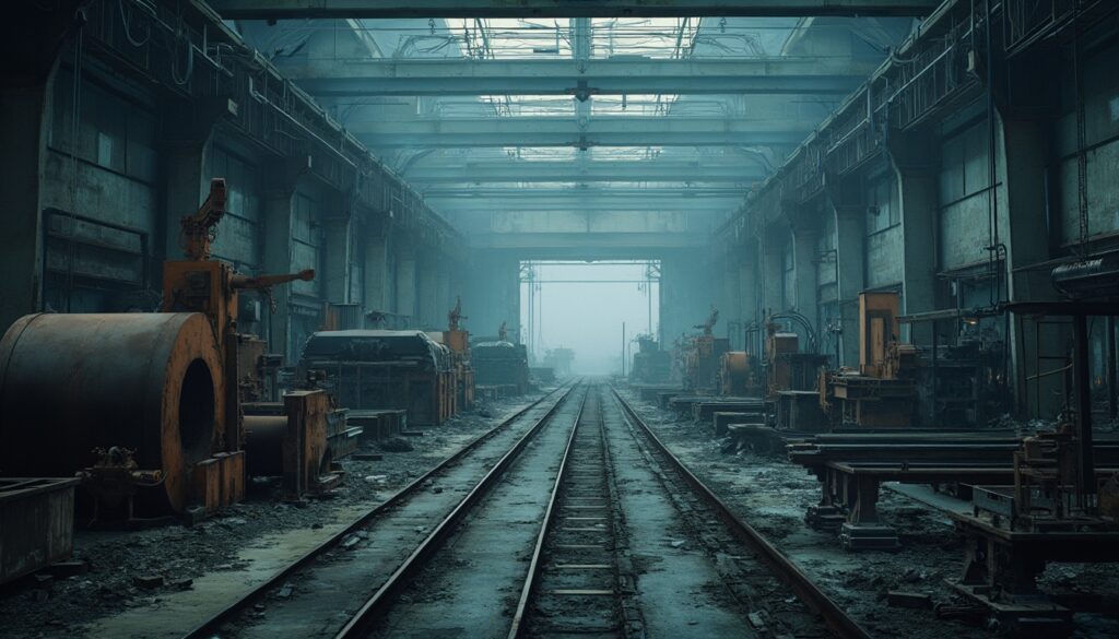 Abandoned industrial warehouse with railway tracks and old machinery in a foggy, muted light.