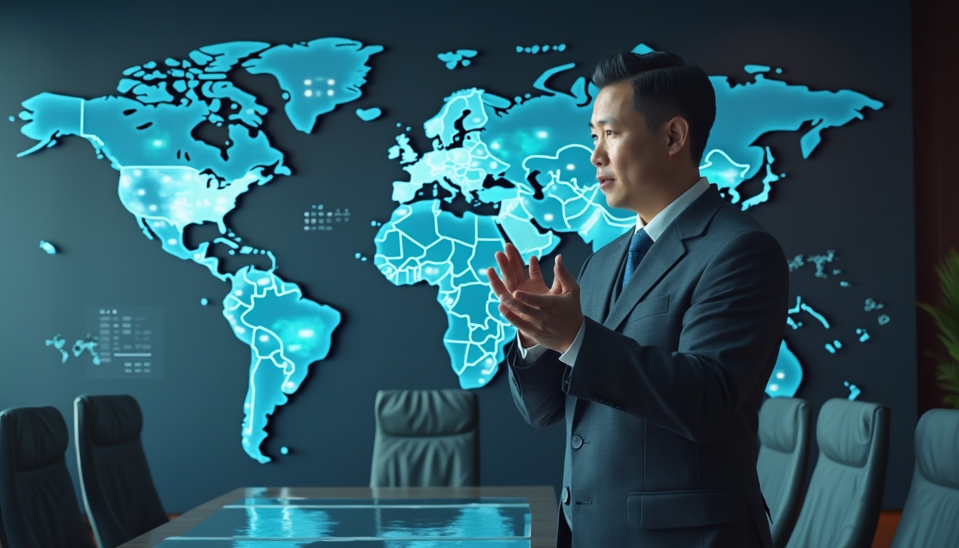 Man in a suit stands in a conference room with a large, illuminated world map on the wall behind him.