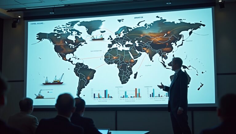 Man presenting a world trade map with charts and ship illustrations in a conference room.