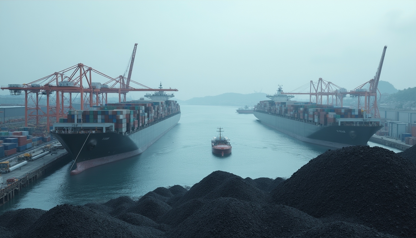 Container ships docked at a port, surrounded by cranes and coal piles under a hazy sky.