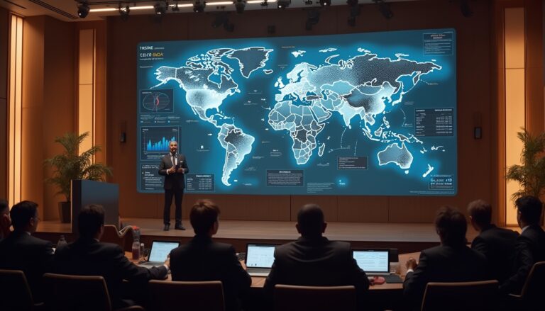 Man presenting world map data to an audience in a conference room.