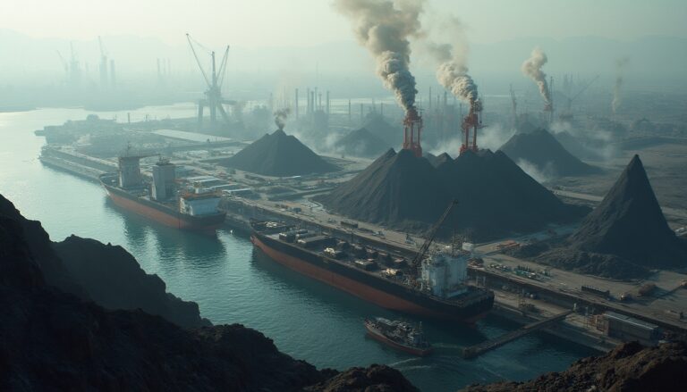 Industrial port with large ships, coal piles, cranes, and smoke stacks under a hazy sky.