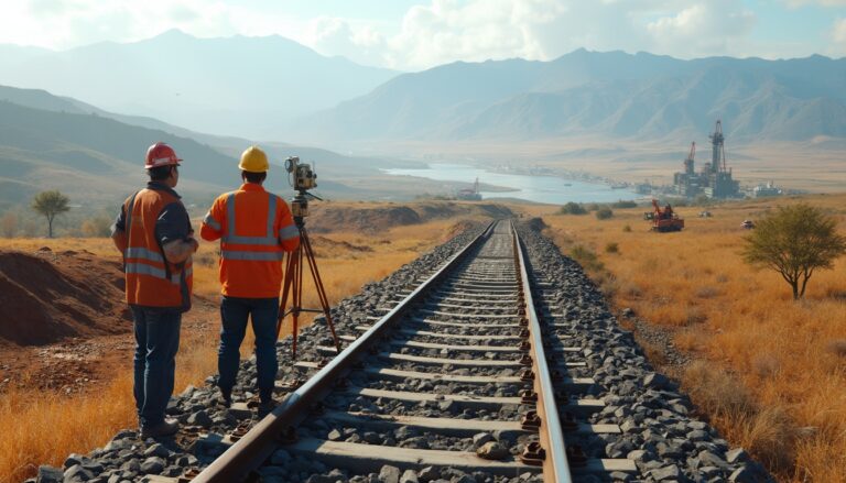 Two surveyors with equipment standing by railroad tracks in a mountainous landscape.