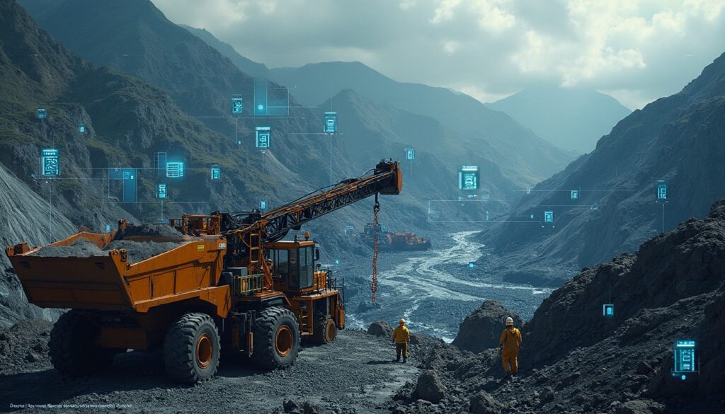 Construction site in a mountainous area with digital data overlays and heavy machinery.