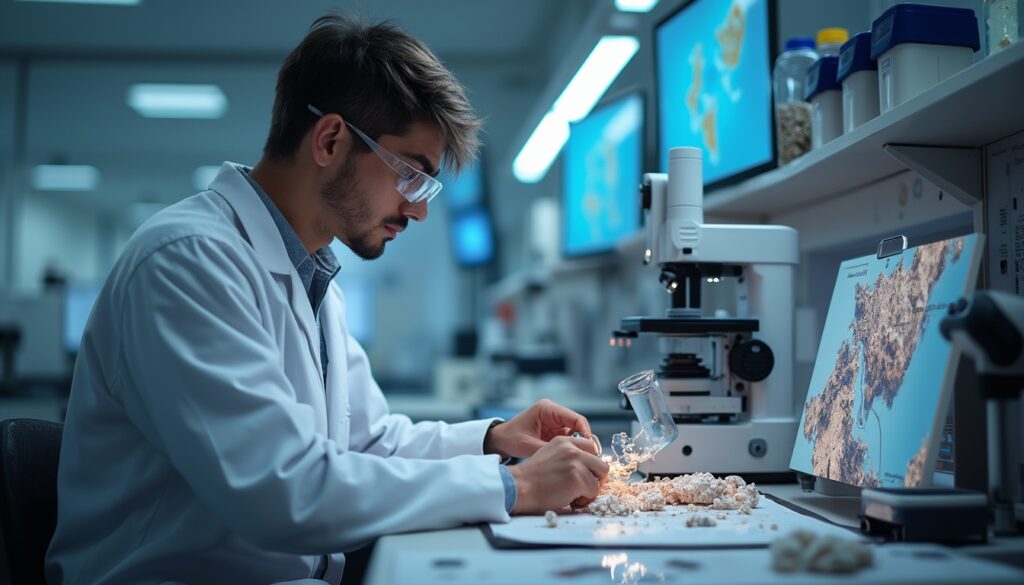 Scientist in a lab examining samples with a microscope, wearing a lab coat and safety glasses.