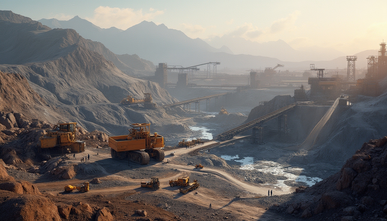 Mining site with large machinery, conveyor belts, and mountains in the background.