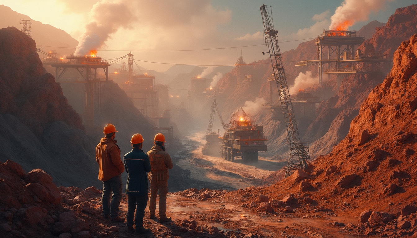 Three workers in hard hats observe a large, fiery industrial mining site in a rocky canyon.