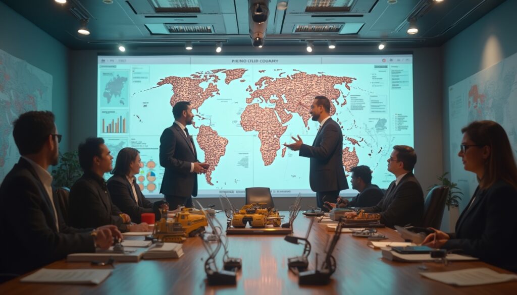 Business meeting with world map projection, two men standing, others seated, discussing data.