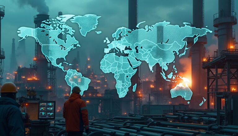 Glowing world map over industrial landscape with smokestacks and workers.