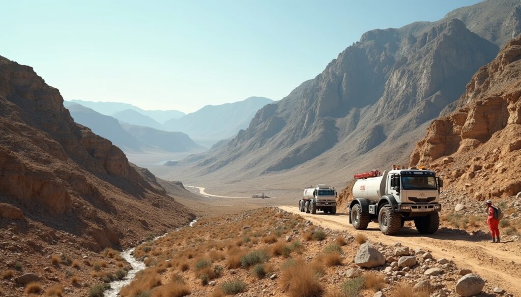 Two trucks navigate a rugged mountain road as a person in red walks beside them.