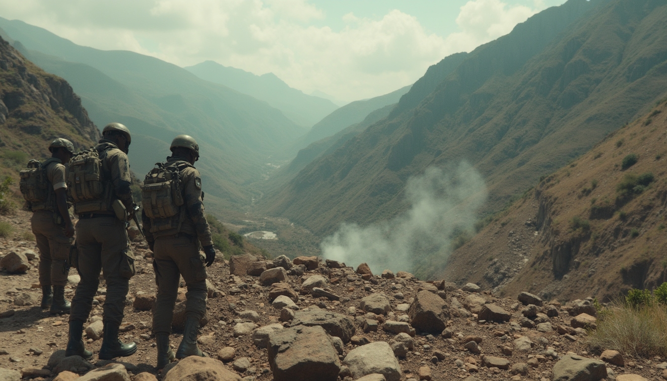 Three soldiers in gear overlooking a smoky valley and rugged mountain landscape.