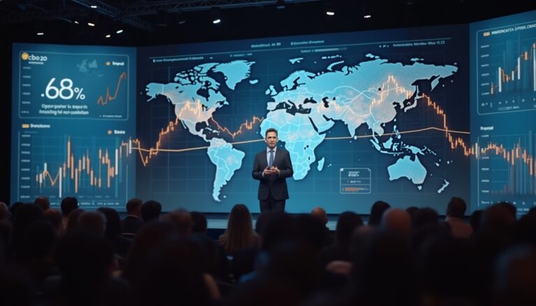 Person presenting on stage with world map and data graphs in the background. Audience watching.