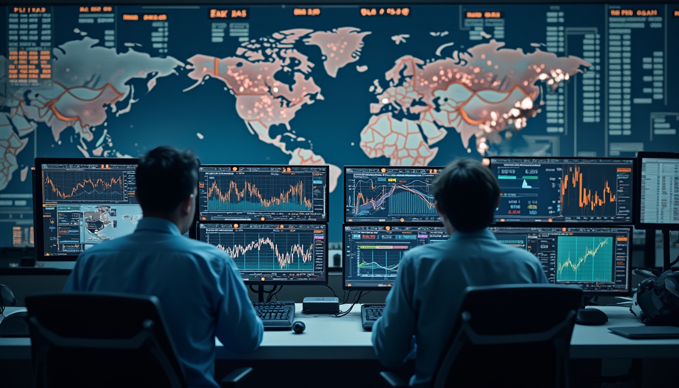 Two traders analyzing stock charts on multiple monitors in front of a large world map display.