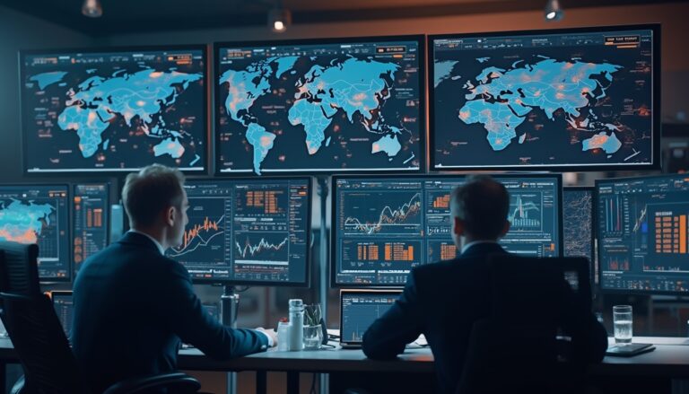 Two people in a control room analyzing global data on multiple monitors.