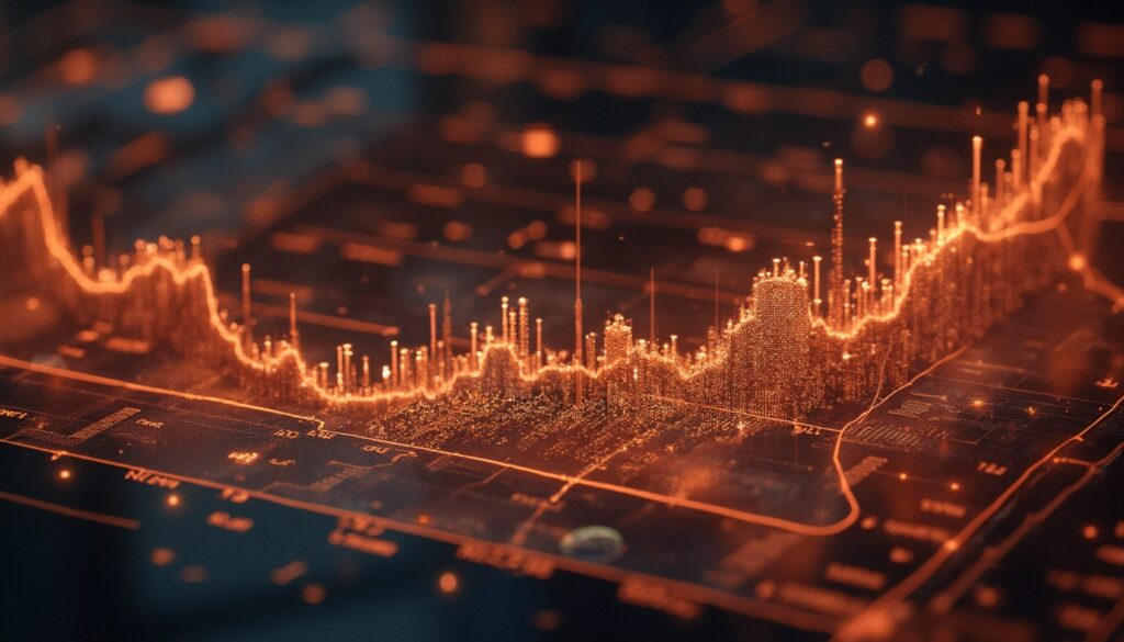 Futuristic orange digital graph with glowing data points on a dark, blurred background.