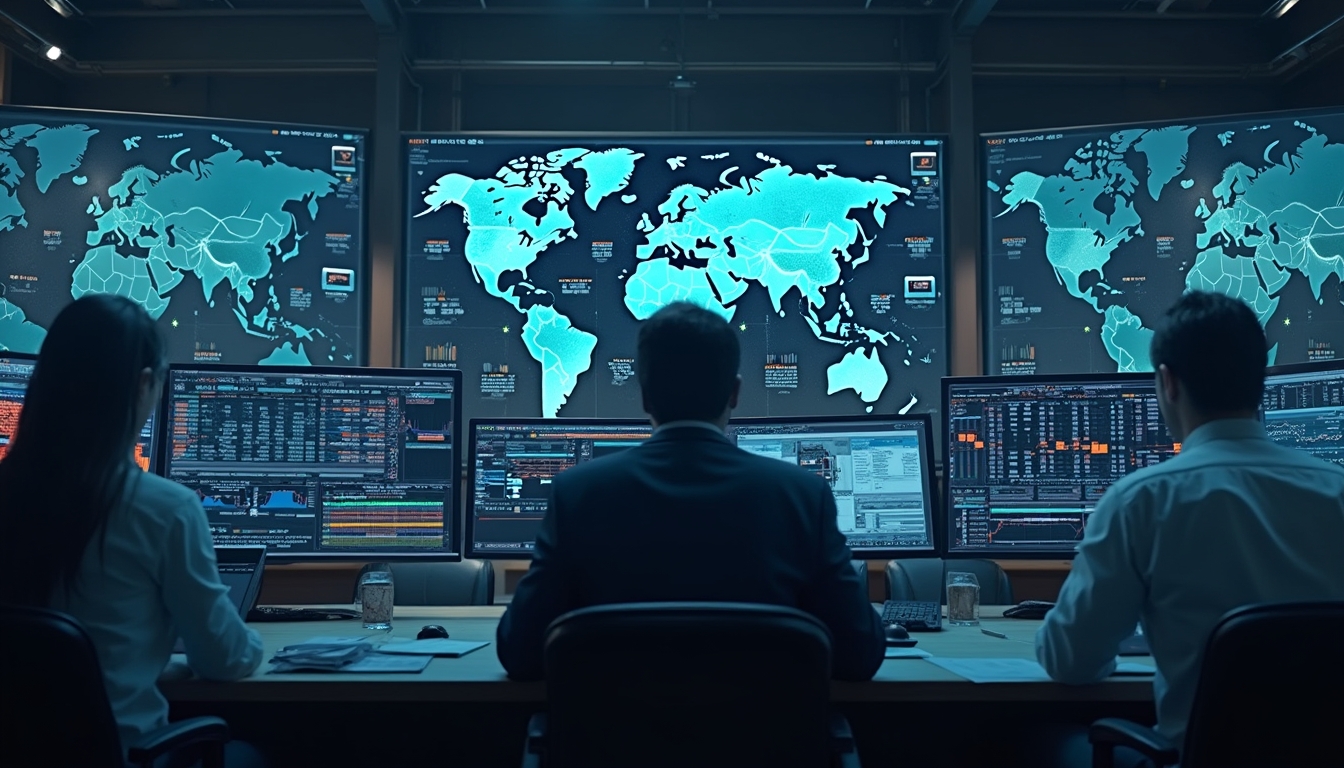 People at desks examine multiple screens with global data and maps in a control room.