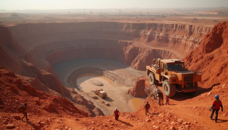 People observing a massive open-pit mine with a large construction vehicle in the foreground.