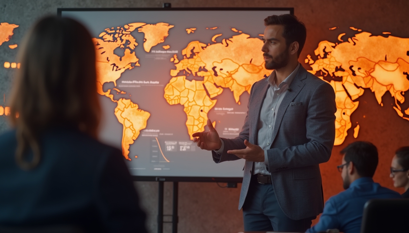 Man giving a presentation with a glowing world map in the background.