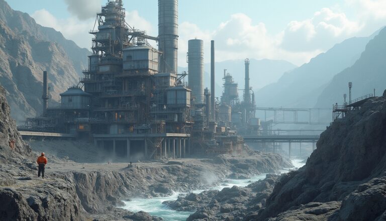 Industrial complex by a rocky river, surrounded by mountains under a cloudy sky.