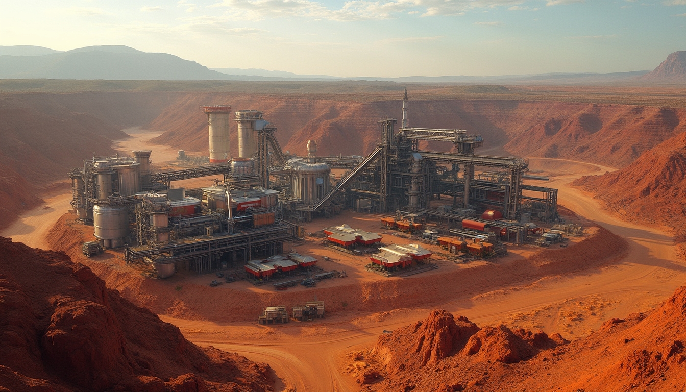 Factory nestled in a red rocky desert landscape with distant mountains under a bright sky.