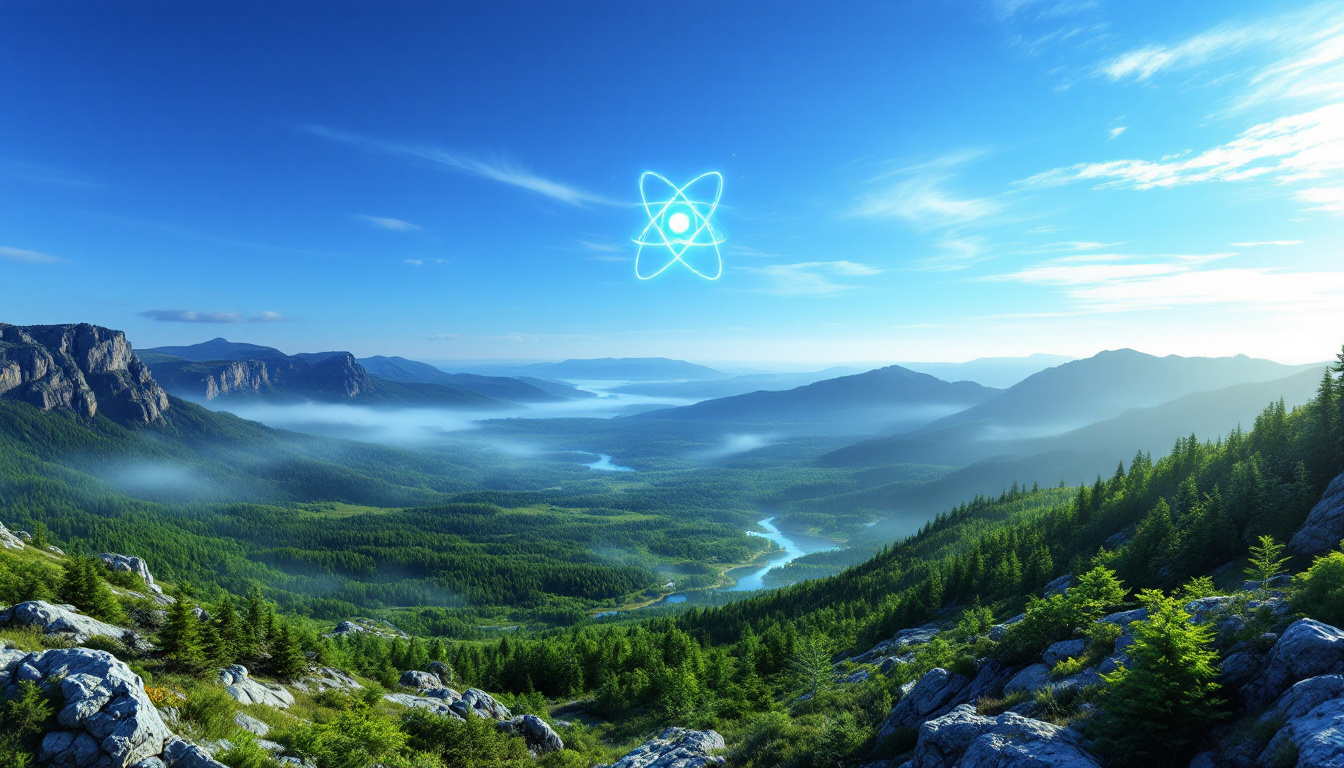 DA Ltd-DAL-Majestic mountain valley under a bright blue sky, with a glowing atom symbol in the sky above.