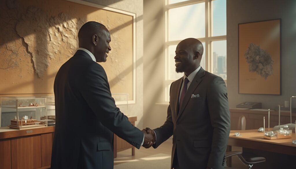 Two men in suits shake hands in a sunlit office.