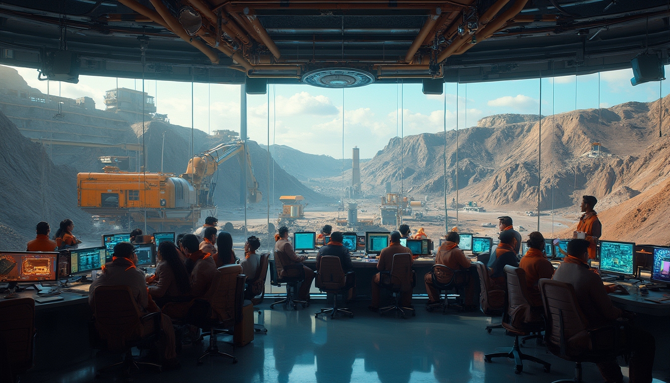 People at control room observing a mining site through large panoramic windows.