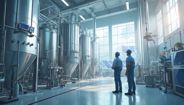 Two workers in blue uniforms and helmets inspect large industrial tanks in a bright factory.