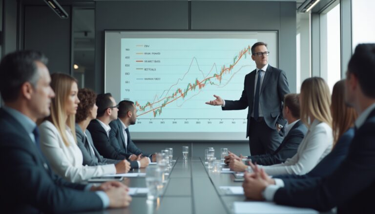 Business meeting with presentation of a line graph on a screen, people sitting at a long table.