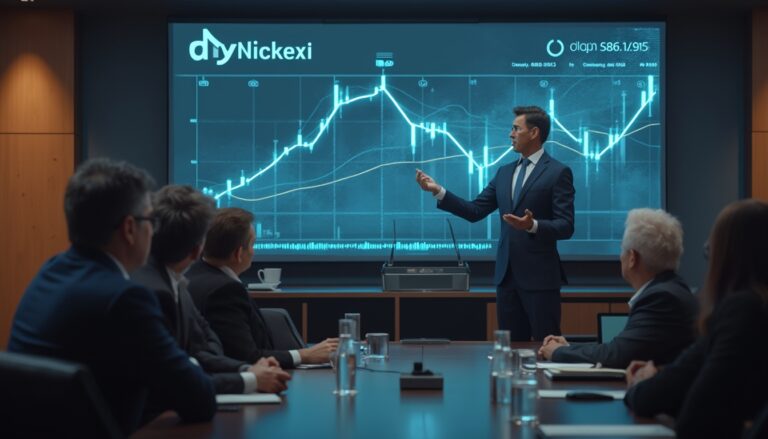 Businessman presents stock charts to a boardroom meeting.