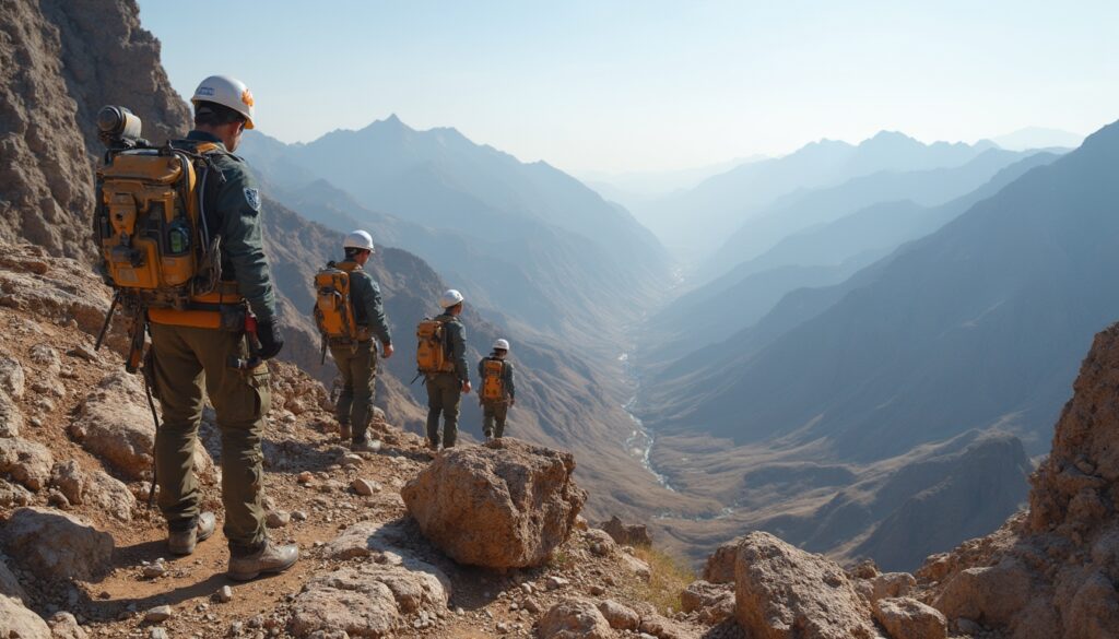 Hikers with backpacks and helmets traverse a rocky mountain ridge overlooking a vast valley below.