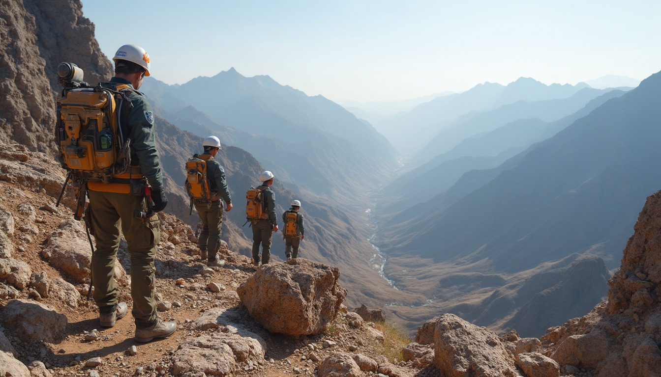 Hikers with backpacks and helmets traverse a rocky mountain ridge overlooking a vast valley below.