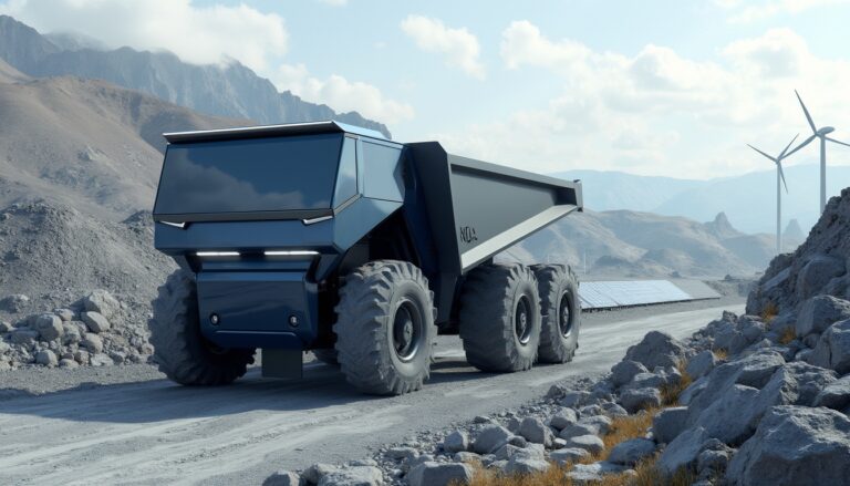 Futuristic vehicle on a rocky path with wind turbines and solar panels in a mountainous landscape.