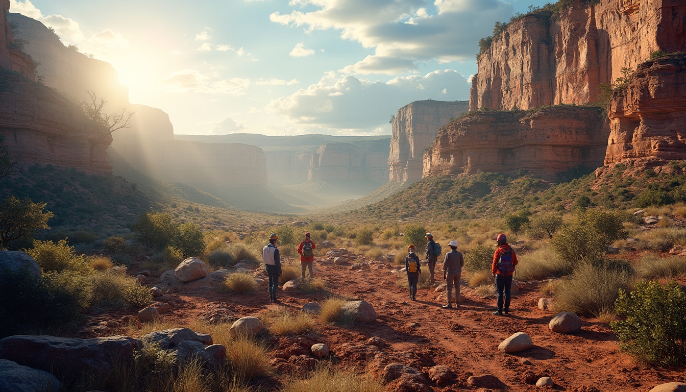 Hikers walking on a sunny trail through a scenic canyon with tall cliffs and scattered vegetation.