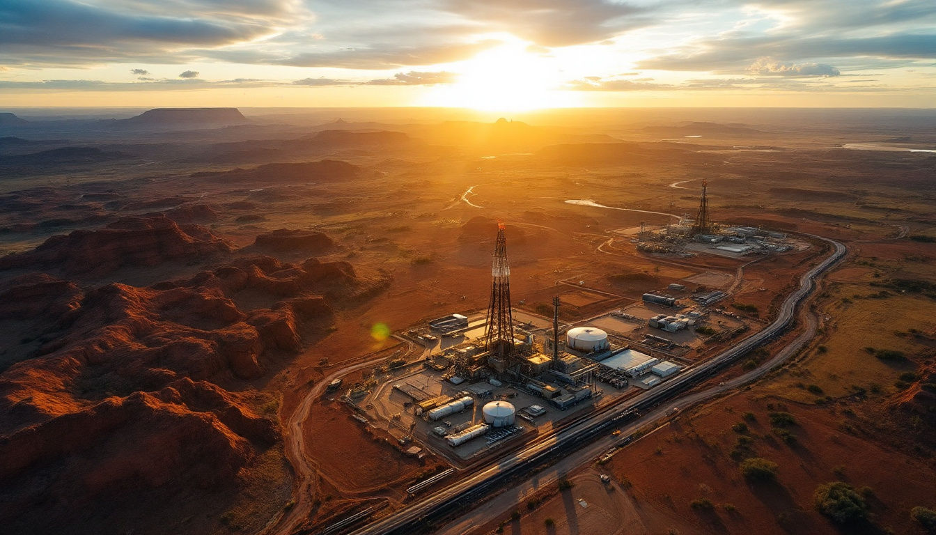 John's Group Limited-JHN-Aerial view of an industrial site in a desert landscape at sunset.