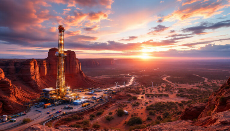 John's Group Limited-JHN-Sunset over desert landscape with a tall industrial structure and scattered wind turbines.