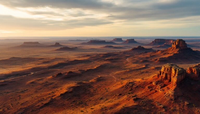 John's Group Limited-JHN-Sunset over a vast desert landscape with mesas and rocky formations under a cloudy sky.