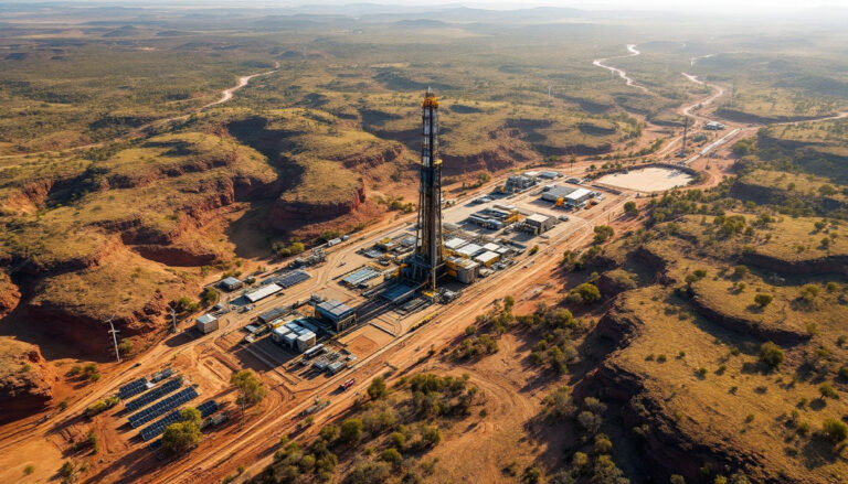 John's Group Limited-JHN-Aerial view of an oil drilling site in a vast, rugged landscape with sparse vegetation.