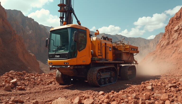 A large orange drilling machine moving through a dusty, rocky canyon landscape under a clear sky.