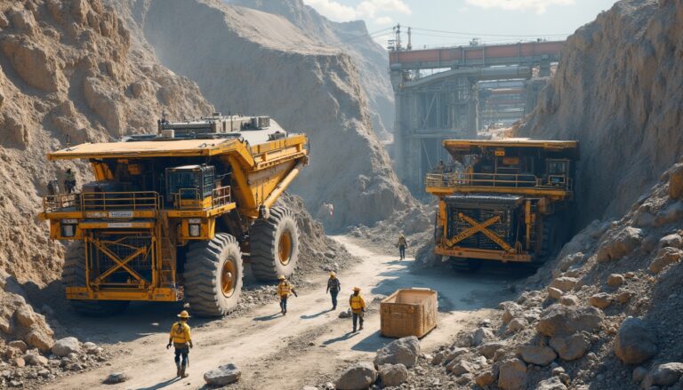 Massive mining trucks and workers in a rocky quarry landscape.