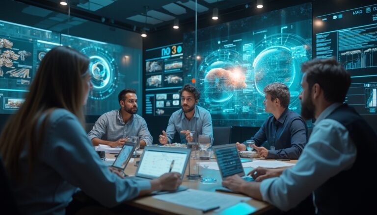 Five professionals discuss data displayed on futuristic screens in a tech conference room.